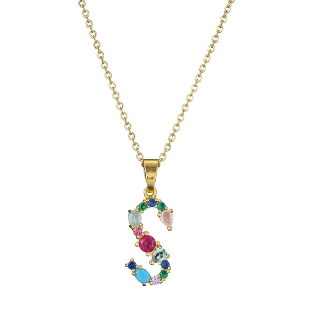 S Letter Pendant Necklace Multicolor Rhinestones Gold Tone Chain - Picture 11 of 16